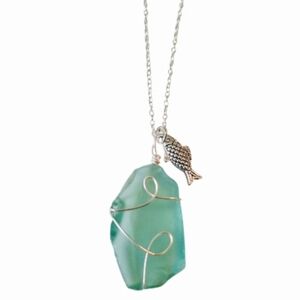 925 Sterling Silver Beach glass pendant Chain Necklace with fish charm